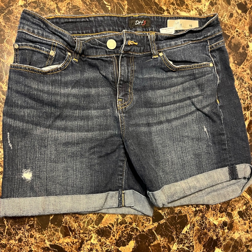 Blue Jean Shorts with Distressed Cuffed Hem